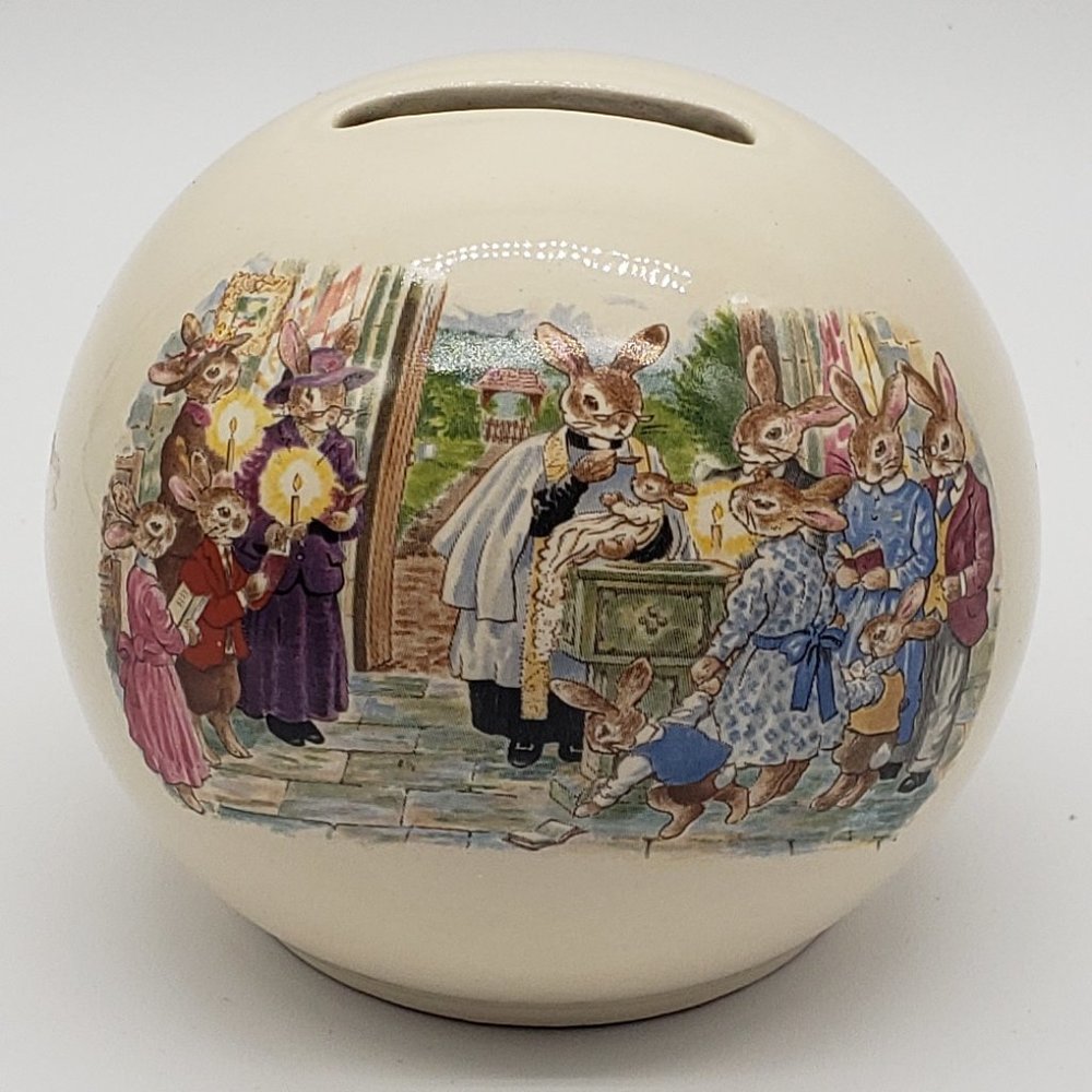 Vintage Royal Doulton Ceramic 1988 "Bunnykins" Round Christening Bank w/Stopper